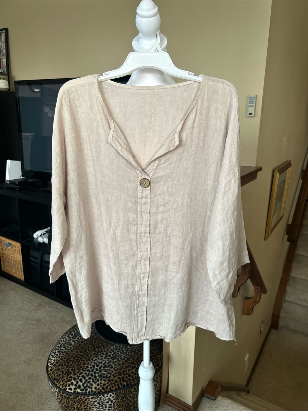 Oversized Cream 3/4 Sleeve Button-Front Linen Top Made in Italy